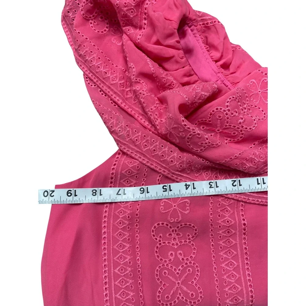 New‎ Trina Turk Phebe One Shoulder Eyelet Ruffle Mini Dress in Pink Size M
